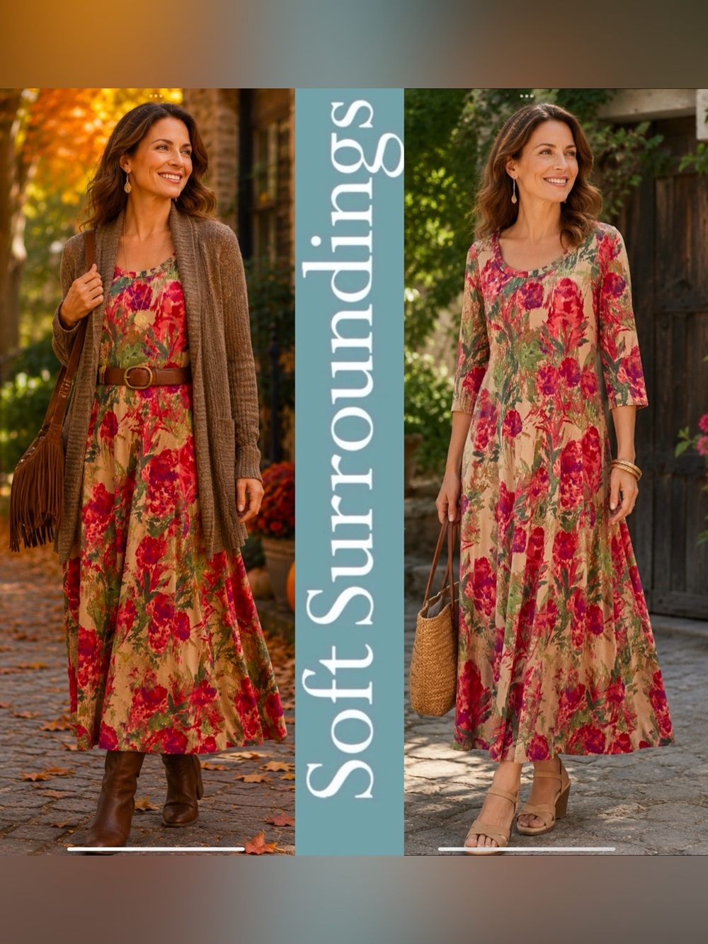 Soft Surroundings Santiago 3/4 Sleeve Midi Dress Size M Tapestry Garden Floral